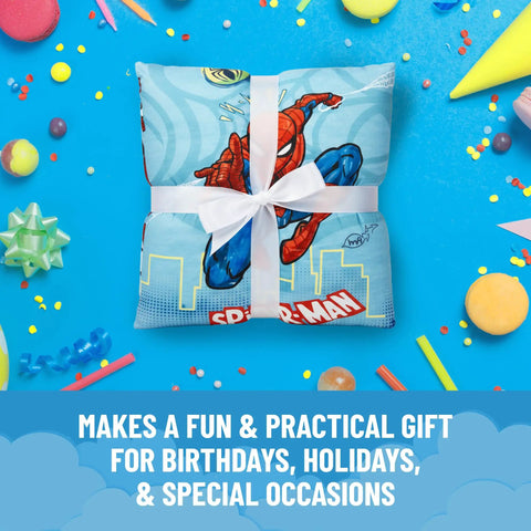 Spiderman Slumber Bag and Pillow Set with blue Marvel theme wrapped with ribbon, ideal gift for sleepovers and special occasions.