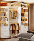 Two Set Closet System With 6 Drawers, 8 Expandable Hanging Rods And Adjustable Shelves, Modular Wood Organizer Tower For Walk In Closets, Custom 5 To 14 Ft Closet Organizer White Finish in a bedroom setting.
