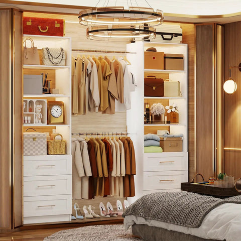 Two Set Closet System With 6 Drawers, 8 Expandable Hanging Rods And Adjustable Shelves, Modular Wood Organizer Tower For Walk In Closets, Custom 5 To 14 Ft Closet Organizer White Finish in a bedroom setting.