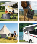 100W Portable Solar Panel For Power Station Featuring 23.5 Percent High Efficiency ETFE Foldable Charger With Kickstands in use during camping.