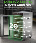 Heavy Hitter 2000 Watt Commercial Electric Food Dehydrator with 20 Stackable Stainless Steel Trays showcasing even airflow design.