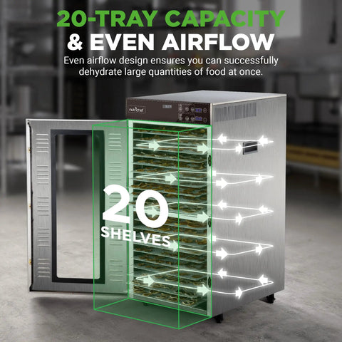Heavy Hitter 2000 Watt Commercial Electric Food Dehydrator with 20 Stackable Stainless Steel Trays showcasing even airflow design.