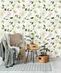 Peony Floral Wallpaper For Bedroom And Nursery, Vintage Watercolor Peel And Stick Mural on wall behind wicker chair.