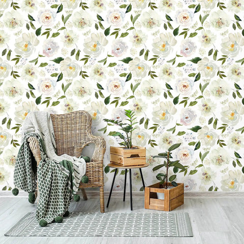 Peony Floral Wallpaper For Bedroom And Nursery, Vintage Watercolor Peel And Stick Mural on wall behind wicker chair.