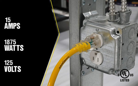 Heavy Duty Outdoor Extension Cord With Power Light Indicator, 50 Foot plugged into outlet, high visibility yellow, 12 Gauge SJTW.