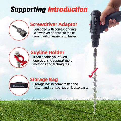 Beefy Aluminum Ground Anchors Set For Tents And Outdoor Gear with screwdriver adaptor and guylines holder.
