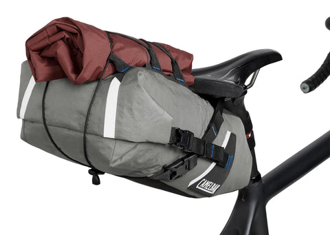 Mule 9 Bikepacking Rolltop Waterproof Saddle Bag For Tents And Gear With IPX5 Rating Easy Access Secure Mounting Reflective Trim Expandable Capacity Built Tough From Recycled Sailcloth