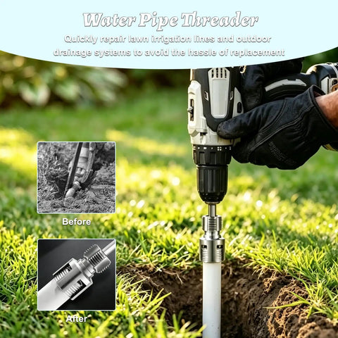 Person using Easy And Comfortable 3 Piece Internal External Pipe Threading Tool Kit Includes 1/2 3/4 1 Inch NPT Sizes For Electric Drill Compatible PVC Plastic Water Pipe Projects.