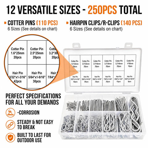 Must Have Heavy Duty Cotter Pin Kit 250Pcs Stainless 304 R Clips Hairpin Pins Set, clear box with 12 sizes for versatile use