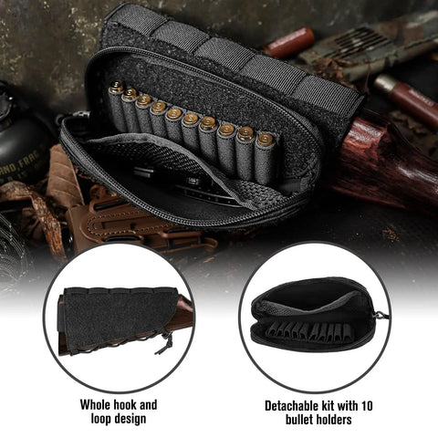 Open Tactical Stock Pack With Adjustable Cheek Rest Pouch For Long Action Rifles Right Hand Black with bullet holders