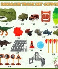 Dinosaur Track Race Car Toys For Kids 3 4 5 6 7 With Flexible Lighted Track Set parts and accessories displayed on marble background