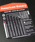 Label for Premium Rotary Phase Converter showing electrical ratings and NEC compliance details for three phase power.