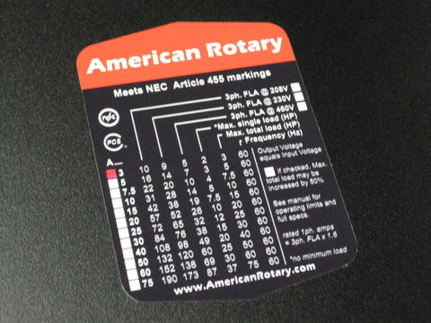 Label for Premium Rotary Phase Converter showing electrical ratings and NEC compliance details for three phase power.