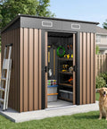 6x4Ft Outdoor Storage Shed Waterproof Metal Garden Shed With Lockable Sliding Door for backyard organization, brown.