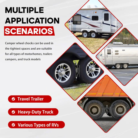 Collage showing applications for Camper Wheel Chock Stabilizer 2 Pack For RVs And Travel Trailers With Heavy Duty X Design Anti Move Tire Chocks.