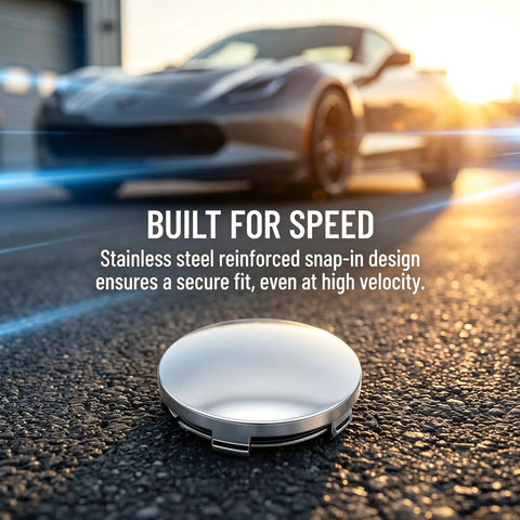 Crank Up Your Ride With These Sweet 4 Pack Silver Wheel Center Caps That Snap Right On Cars Trucks Or Suv With A Rock Solid Grip 60Mm Size And Built Different Materials To Keep Your Setup Looking Clean All Season Long, showing a sleek, stainless steel center cap on asphalt.