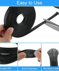 Expandable Braided Cable Sleeve Kit With 65.6 Ft Total Length, Four 16.4 Ft Rolls, Slick Multi Size Sleeves 1/4 In, 2/5 In, 1/2 In, 3/4 In And 120 Pcs Heat Shrink Tubing, Perfect For TV Audio Computer And Video Cables, Black displayed with scissors cutting the sleeve.