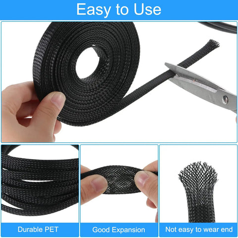 Expandable Braided Cable Sleeve Kit With 65.6 Ft Total Length, Four 16.4 Ft Rolls, Slick Multi Size Sleeves 1/4 In, 2/5 In, 1/2 In, 3/4 In And 120 Pcs Heat Shrink Tubing, Perfect For TV Audio Computer And Video Cables, Black displayed with scissors cutting the sleeve.