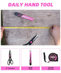 Pink 40 Piece Home Go-To DIY Tool Set With Plastic Toolbox Case including pink utility knife, scissors, tape measure in use