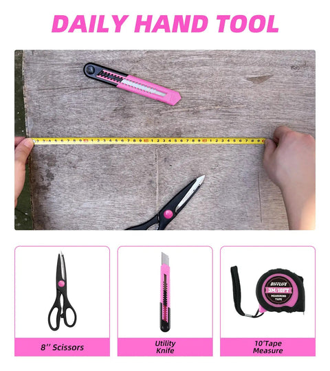 Pink 40 Piece Home Go-To DIY Tool Set With Plastic Toolbox Case including pink utility knife, scissors, tape measure in use