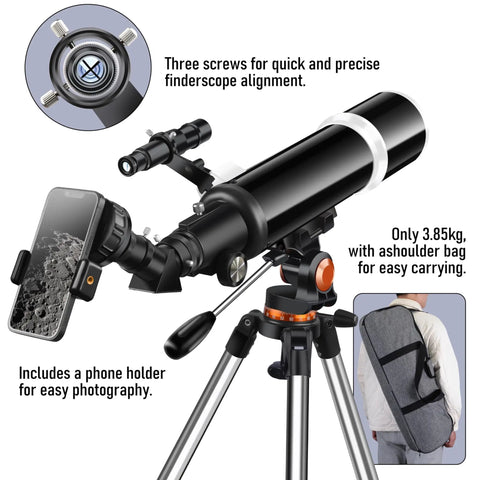 90mm Aperture 600mm Focal Length Telescope For Adults With Metal AZ Mount And Stainless Tripod, includes phone adapter and bag