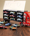 18 Car Transporter Truck Toy With 18 Mini Cars Kid Safe Car Carrier Playset displayed on table with open slots