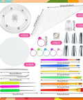 Top Tier Knockout 56 Piece Cookie Decorating Kit With Solid Acrylic Turntable Non Slip Pad Premium Piping Bags Stainless Icing Tips And Dope Brushes for sweet kitchen creations tools laid out.