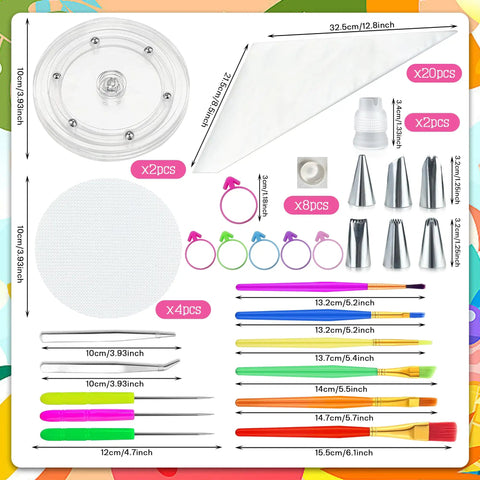 Top Tier Knockout 56 Piece Cookie Decorating Kit With Solid Acrylic Turntable Non Slip Pad Premium Piping Bags Stainless Icing Tips And Dope Brushes for sweet kitchen creations tools laid out.