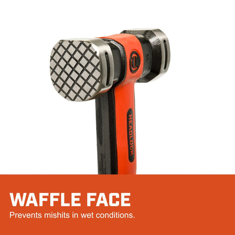 Beast Mode 8 Lb Fiberglass Sledgehammer With Headlock System, waffle face detail, indestructible overstrike shield visible