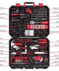 228 Piece Home Tool Kit With Storage Case And Socket Wrench Set for car maintenance, featuring organized chrome finish steel tools.