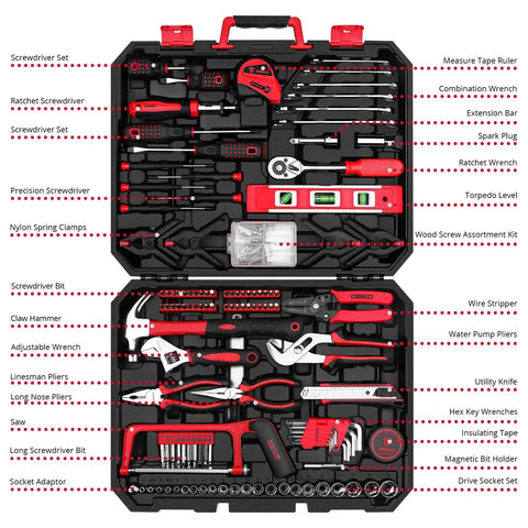 228 Piece Home Tool Kit With Storage Case And Socket Wrench Set for car maintenance, featuring organized chrome finish steel tools.