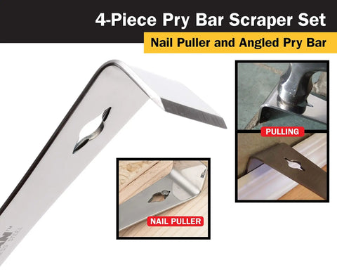 Heavy Duty Four Piece Stainless Steel Pry Bar Scraper Set With Nail Puller And Angled Edge demonstration