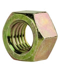 Grade 8 Hex Nuts Yellow Chromate Steel Fasteners Three Quarter Inch 16 Thread 500 Pack side view showcasing rust resistant hardware.