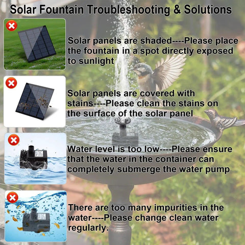 Troubleshooting guide for Separate Solar Panel Fountain Kit With 1.8W Upgraded Pump, 3M Cable, And 4 Nozzles for outdoor use.