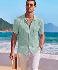 Man on beach wearing Men's Knit Short Sleeve Button Down Shirt Vintage Polo Beach Top In Ice Green Lightweight