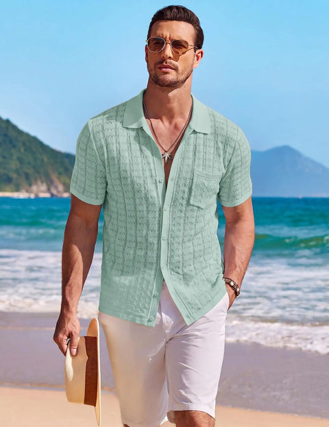 Man on beach wearing Men's Knit Short Sleeve Button Down Shirt Vintage Polo Beach Top In Ice Green Lightweight