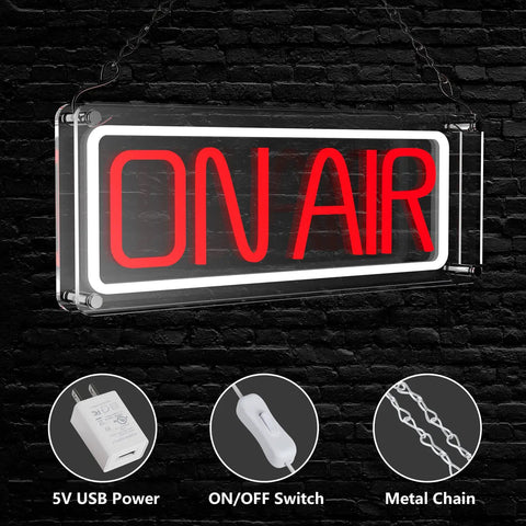 On Air Neon Sign USB Powered for Recording Streaming and Podcast Home Studio with USB power, switch, and metal chain.