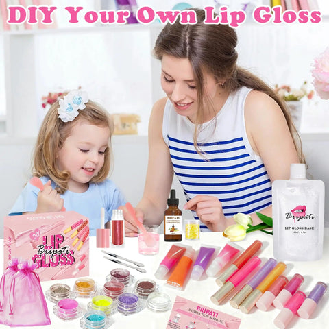 Mother and child using All Inclusive Lip Gloss Making Kit For Beginners With DIY Lip Gloss Set Includes 140G Base Empty Tubes Pigment Powders