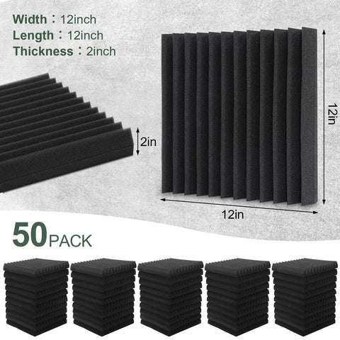 50 Pack High Density Acoustic Foam Panels 2x12x12 Inches Soundproof Wedges for Studio and Home Office stacked and individual panels