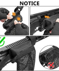 Hands installing Beefy Heavy Duty Brass Shell Catcher Mesh With Heat Resistant Padding And Zippered Bottom on rifle rail.
