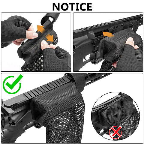 Hands installing Beefy Heavy Duty Brass Shell Catcher Mesh With Heat Resistant Padding And Zippered Bottom on rifle rail.