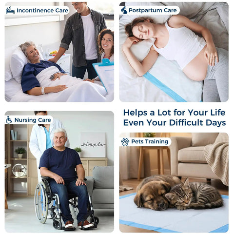 Ultra Thick, Super Absorbent Disposable Bed Pads 30x36 Inches for Adults, Seniors, and Pets, 5-Layer Core Gel Technology in nursing care.