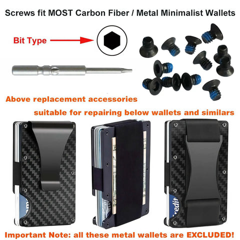 Rock Solid Replacement Screws For Minimalist Wallet Repair Includes Hex And T5 Torx Tools With Lock Tight Construction with various hex screws and tools.