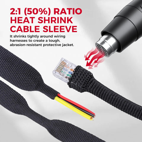 2 In 1 Heat Shrink Braided Sleeving Fabric Tubing Kit Half Inch Inner Diameter, 22 Feet Long, tight fit cable sleeve on wires