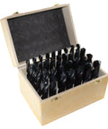 Built Tough Badass Thirty Three Piece High Speed Steel Reduced Twist Drill Bit Set Featuring A Sharp Black Oxide Coating And Round Shanks in wooden case.