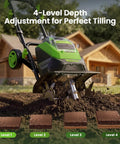 40V Cordless Electric Tiller With Two 4.0Ah Batteries showcasing 4-level depth adjustment in a garden setting.