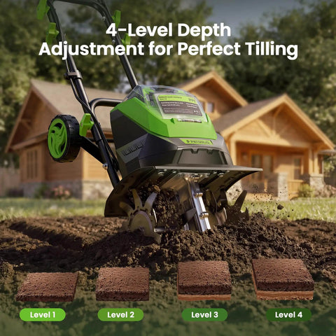 40V Cordless Electric Tiller With Two 4.0Ah Batteries showcasing 4-level depth adjustment in a garden setting.