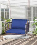 Cozy Navy Rattan Patio Swing Chair For One With Cushions, Heavy Duty Metal Frame And Sturdy Hanging Ropes installed on porch