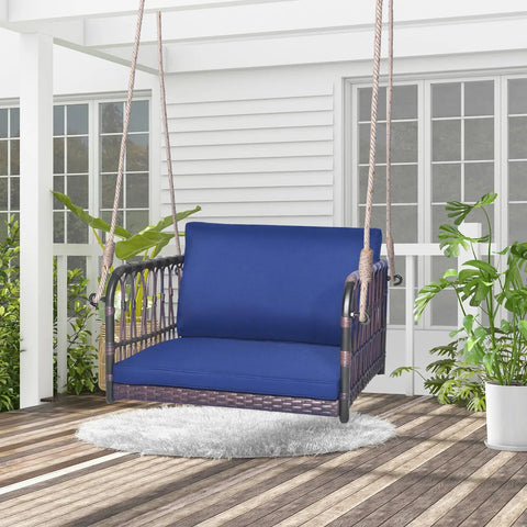 Cozy Navy Rattan Patio Swing Chair For One With Cushions, Heavy Duty Metal Frame And Sturdy Hanging Ropes installed on porch