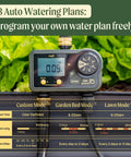Close-up of Two Zone Sprinkler Timer With Brass Inlet for garden hose irrigation against leafy background.
